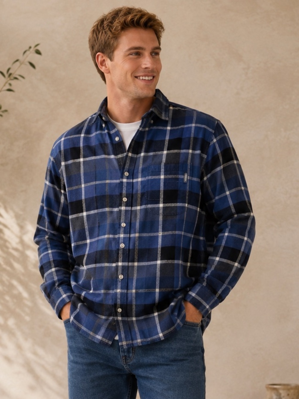 Eddie Bauer Men's Navy and Gray Plaid Button-Down Shirt - 100% Cotton.